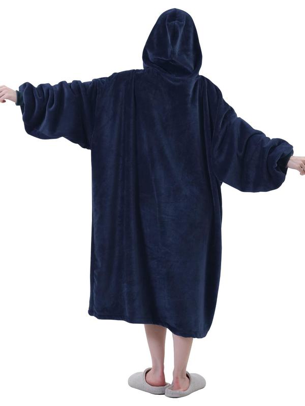 Women's Solid Drop Shoulder Pocket Flannel Hooded Blanket, Casual Long Sleeve Thermal Lounge Robe Loungewear, Women's Sleepwear for Fall & Winter