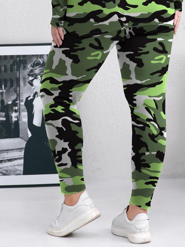  Camo Print Elastic Waist Leggings, Casual Comfy Skinny Pants for Women, Women's Bottoms for Spring & Fall Legging Pants