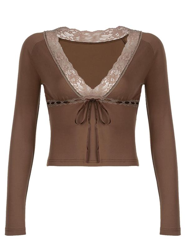 Women's Plain Contrast Lace Tie Front Tee, Casual V Neck Long Sleeve T-shirt for Fall & Winter, Women's Clothing for Daily Wear