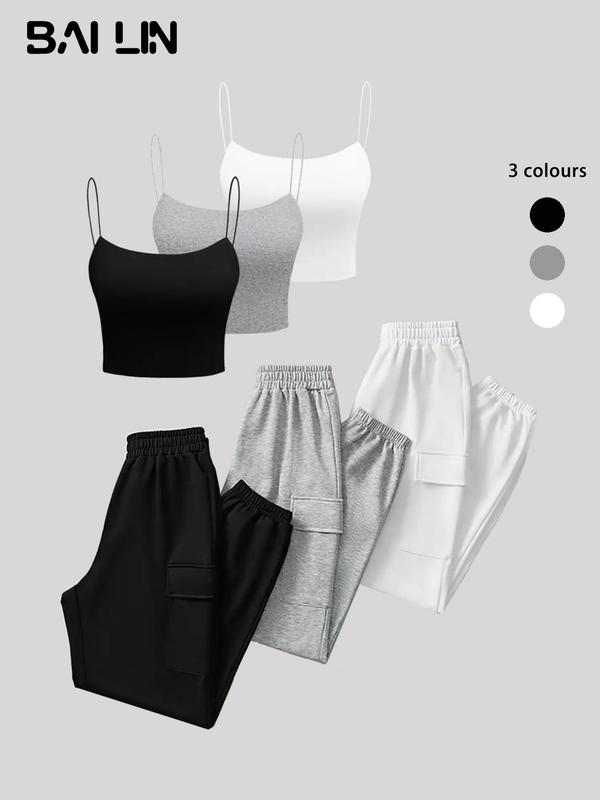 Women's Solid Color Crop Cami Top & Elastic Waist Sweatpants Set, Casual Sleeveless Spaghetti Strap Crop Top & Flap Pocket Jogger Pants, Ladies Summer Clothes