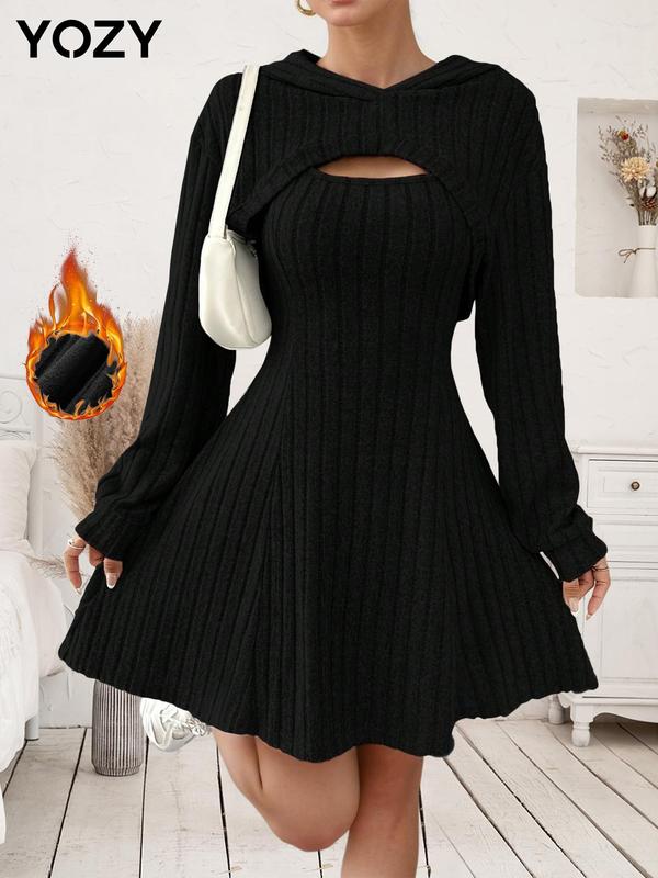 YOZY Women's Solid Long Sleeve Hooded Crop Top & A Line Dress Two-piece Set, Casual Fashion Cozy Two Piece Outfits for Daily Outdoor Wear, Ladies Clothes for All Seasons