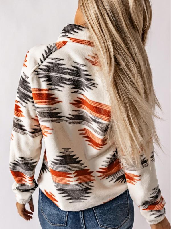 Women's Ethnic Pattern Button Front Pocket Jacket, Western Style Raglan Sleeve Stand Collar Zipper Fall Outerwear, Ladies Clothes for Daily Wear, Fall Outfits, Fallfreshness, Winter Outfits 2024, Preppy 80s Clothes