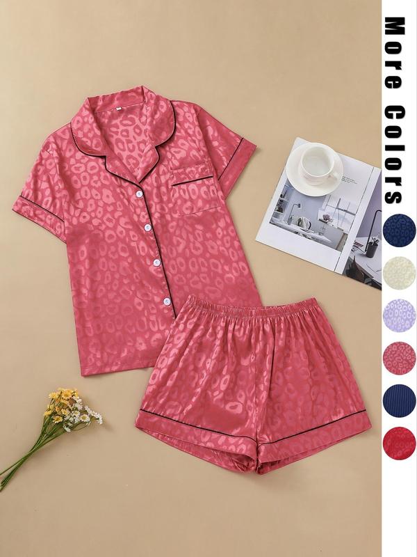 2 Piece Set Women's Leopard Print Contrast Binding Pyjama Set, Comfy Pocket Short Sleeve Shirt & Elastic Waist Shorts Pj Set, Women Nightwear, Pajama Sets Women for All Seasons Back To School