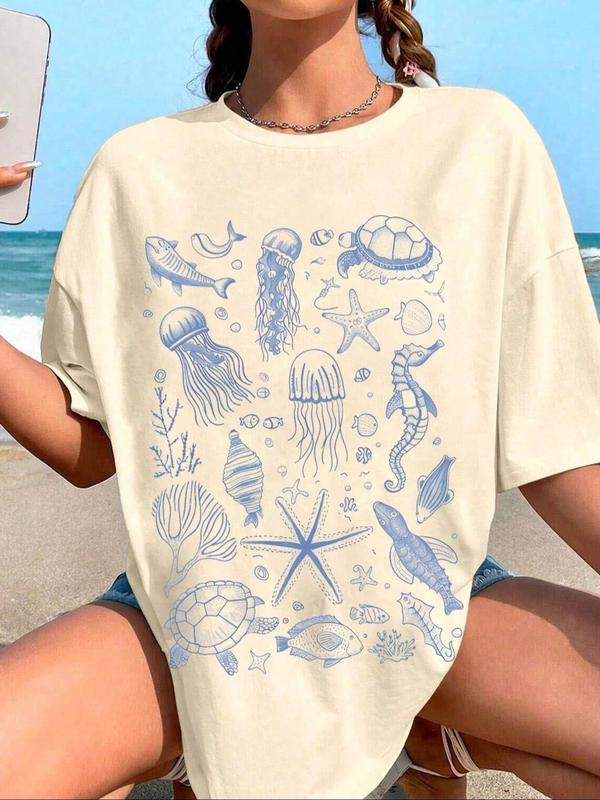  Cartoon & Letter Print Drop Shoulder Tee, Fashion Casual Crew Neck T-Shirt for Daily Holiday Vacation Outdoor Wear, Women Clothing for Summer