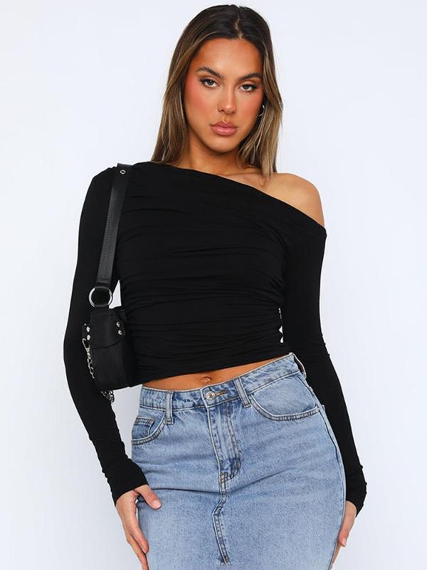 Women's Plain Ruched One Shoulder Tee, Casual Long Sleeve T-shirt for Fall, Women's Clothing for Daily Wear