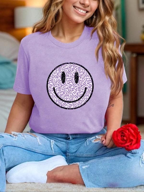  Cartoon & Letter Print Drop Shoulder Tee, Fashion Casual Crew Neck T-Shirt for Daily Holiday Vacation Outdoor Wear, Women Clothing for Summer