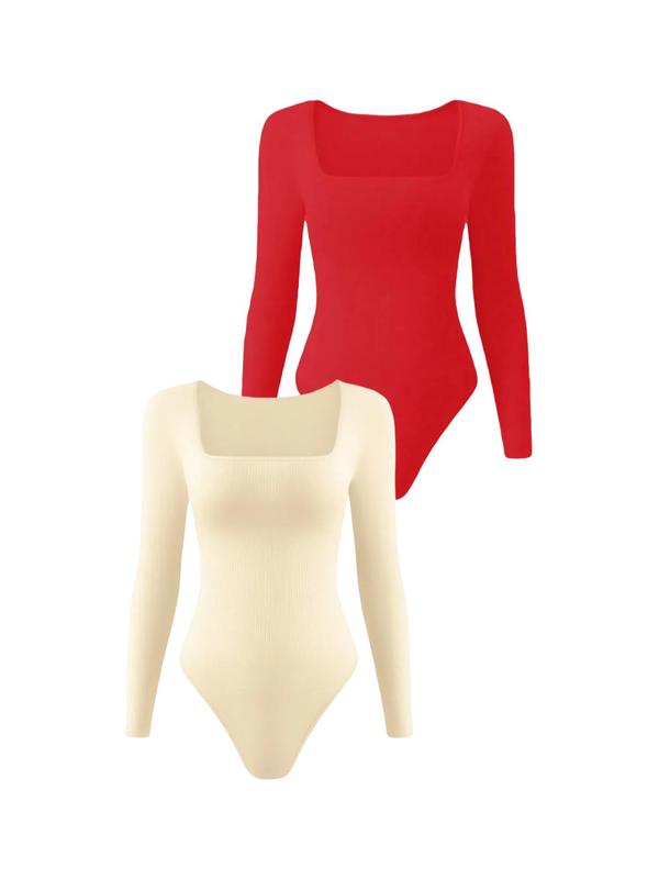 Women's Solid Square Neck Long Sleeve Shapewear Bodysuit, Casual Comfy Tummy Control Butt Lifting Shaper, Ladies Shapewear for All Seasons