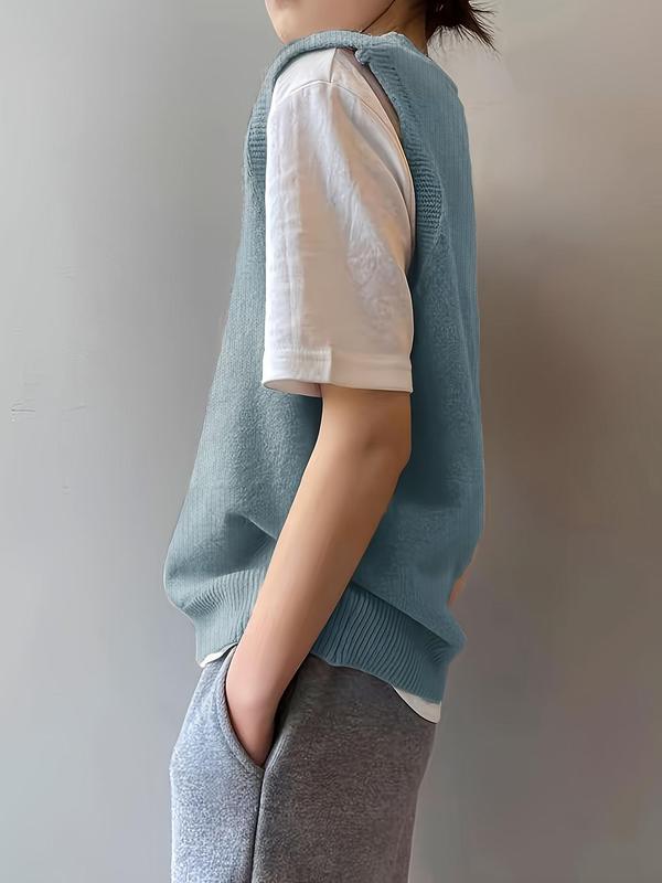 Women's Plain V Neck Sweater Vest, Casual Sleeveless Jumper Vest for Daily Wear, Ladies Clothes for All Seasons