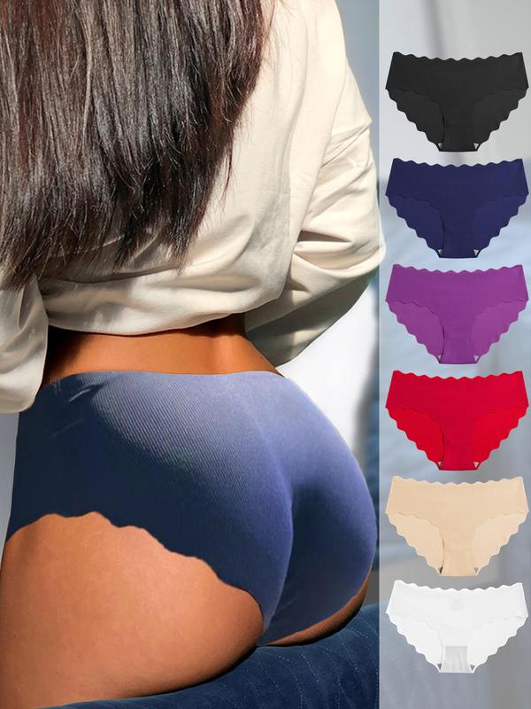 Women's 6pcs Minimalist Solid Scallop Trim Seamless Panties, Lady Basic Soft Comfort Seamless Knickers for Daily Wear All Seasons, Womenswear Underwear, Lingerie for Women