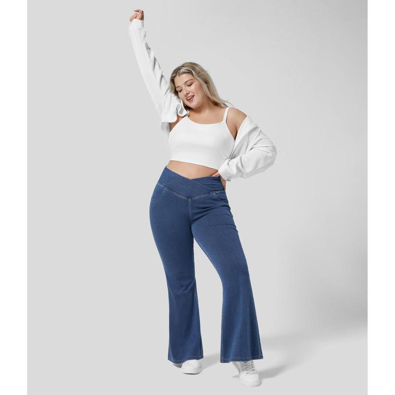 Halara Flex High Waisted Crossover Pocket Washed Stretchy Knit Casual Plus Size Super Flare Jeans