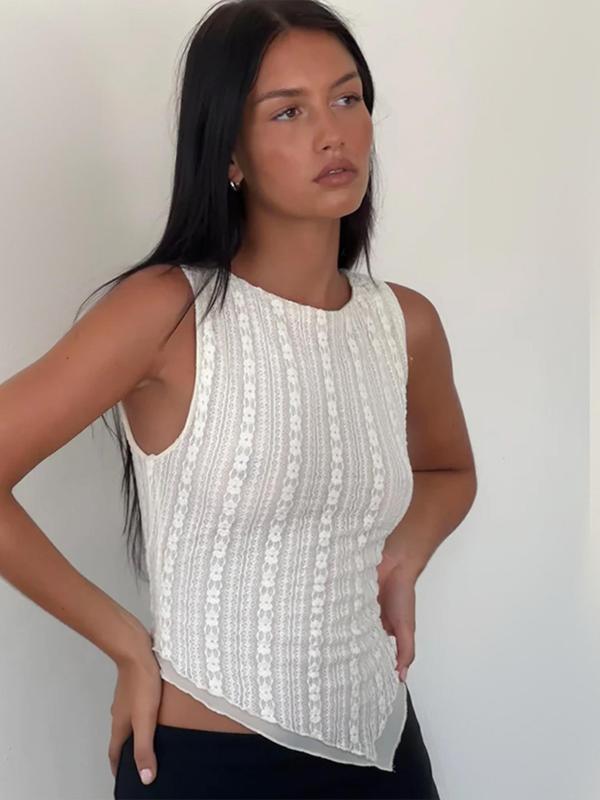 Women's Plain Textured Asymmetrical Crop Tank Top, Casual Sleeveless Round Neck Top for Summer, Ladies Clothes for Daily Wear