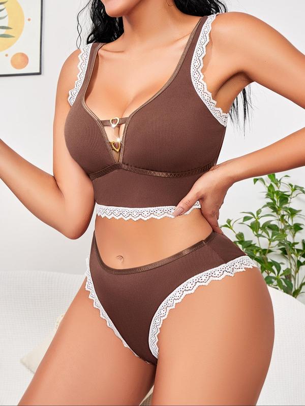 Two-Piece Set Women's Heart Decor Wireless Bra & Contrast Lace Panty Set, Casual Comfy Breathable Ribbed Lingerie Set, Underwear Set for Women