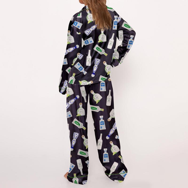 Tequila Bottles Pajama Set For Women Print Comfy Satin Sleepwear & Loungewear Pjs Printing Silky Top & Bottoms - SHESHOW