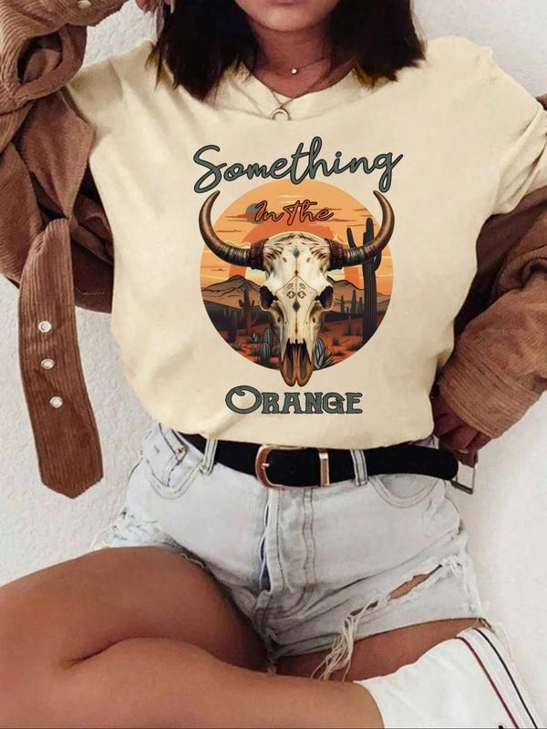  Cartoon & Letter Print Drop Shoulder Tee, Fashion Casual Crew Neck T-Shirt for Daily Holiday Vacation Outdoor Wear, Women Clothing for Summer