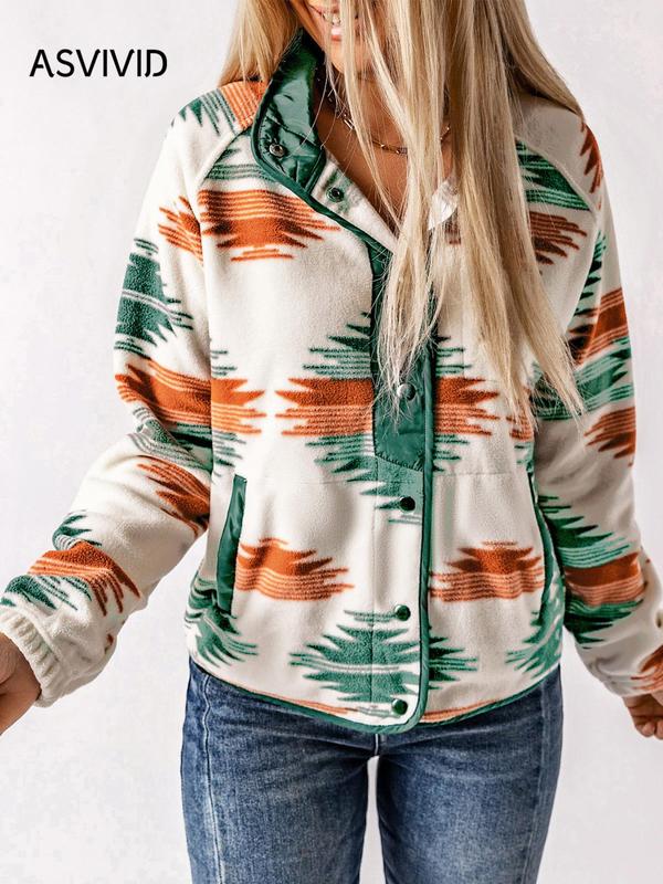 Women's Ethnic Pattern Button Front Pocket Jacket, Western Style Raglan Sleeve Stand Collar Zipper Fall Outerwear, Ladies Clothes for Daily Wear, Fall Outfits, Fallfreshness, Winter Outfits 2024, Preppy 80s Clothes