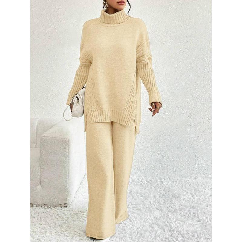 Two-Piece Set Women's Textured Split High Low Hem Sweater & Wide Leg Knitting Pants, Casual Fashion Cozy Turtle Neck Jumper & Trousers for Daily Outdoor Wear, Women's Knitwear for Fall & Winter