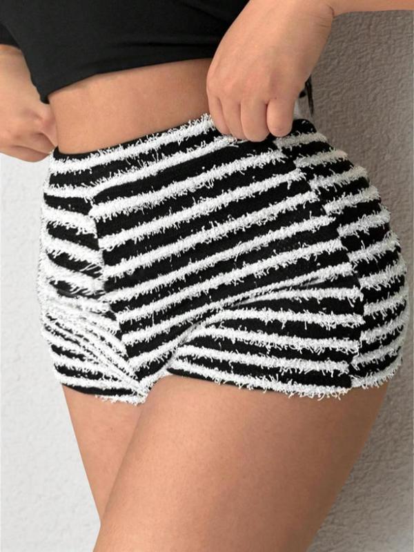 Women's Fuzzy Striped Print High Waist Shorts, Casual Comfy Skinny Shorts for Daily Wear, Ladies Bottoms for Summer