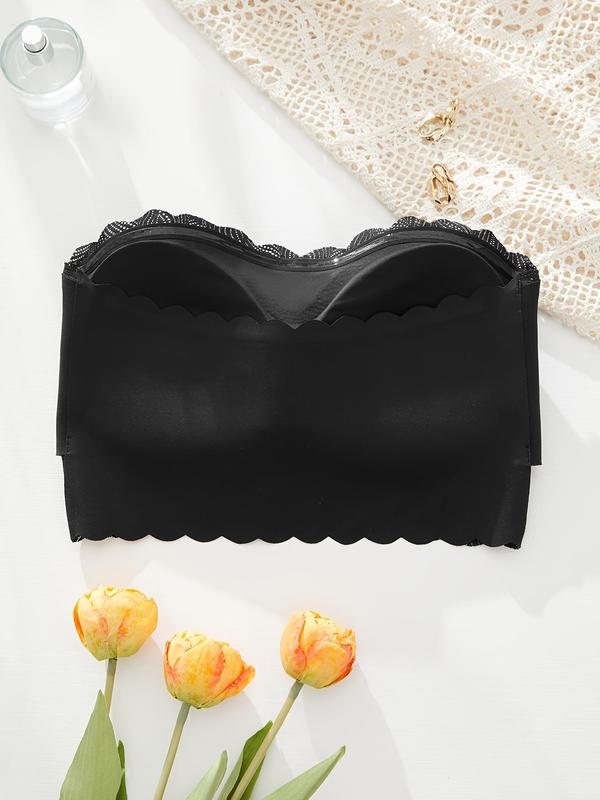 Women's Solid Color Lace Wireless Push Up Bra, Casual Scallop Trim Backless Bandeau Bra for Daily Wear, Soft Comfortable Breathable Lingerie for All Seasons