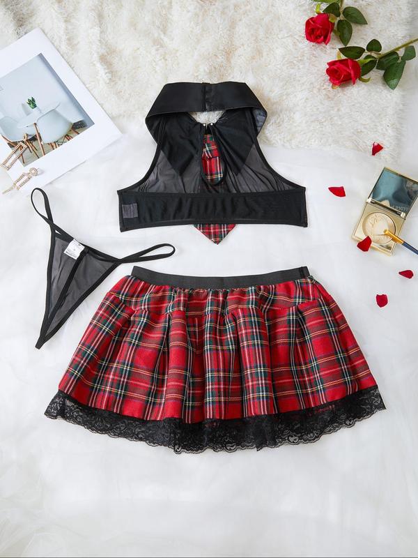 Women's Tie Collar Cut Out Crop Top & Sheer Thong & Plaid Print Lace Trim Skirt Sexy Lingerie Set, Sexy Underwear Three-piece Set, Women's Underwear