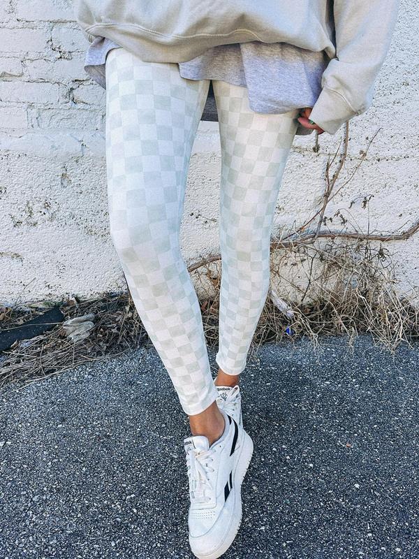 Women's Checkerboard Print High Waist Leggings, Casual Comfy Skinny Pants for Daily Wear, Ladies Bottoms for Fall & Winter