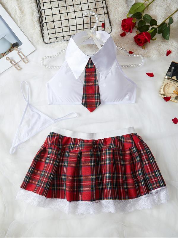 Women's Tie Collar Cut Out Crop Top & Sheer Thong & Plaid Print Lace Trim Skirt Sexy Lingerie Set, Sexy Underwear Three-piece Set, Women's Underwear