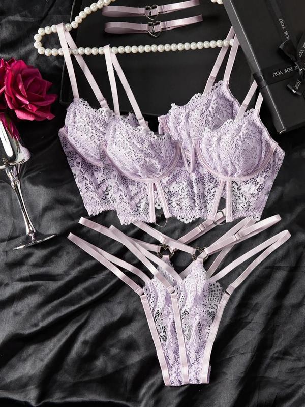 Women's Floral Lace Sheer Bra & Thong Sexy Lingerie Set, Romantic & Elegance Heart Ring Linked Lingerie Set, Women's Lingerie & Underwear