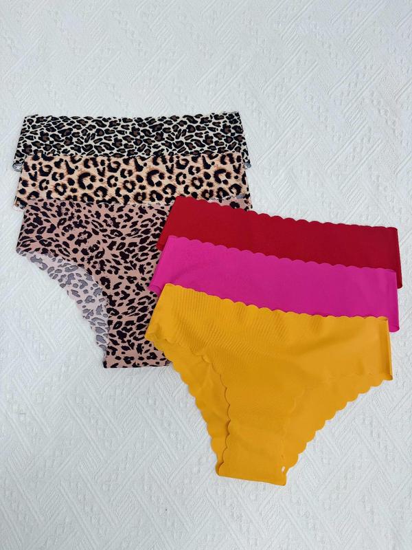 Women's Plain Leopard Print Scallop Trim Knicker, Soft Comfy Breathable Drop Waist Panty for Daily Wear, Fall Wear, Ladies Underwear for Fall, Panties for Women