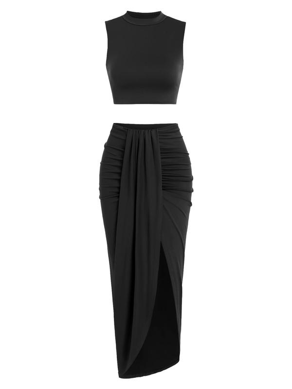 Fall Women's Solid Crop Tank Top & Ruched Asymmetrical Hem Split Skirt Two-piece Set, 2 Piece Sets Women Casual Mock Neck Sleeveless Top & High Waist Wrap Skirt, Birthday Outfits, Summer Outfits 2024