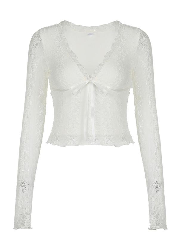 Women's Plain Tie Front Frill Lettuce Trim Lace Crop Tee, Y2K Fashion Casual Deep V Neck Long Sleeve Top for Daily Outdoor Wear, Women Clothing for Spring Fall