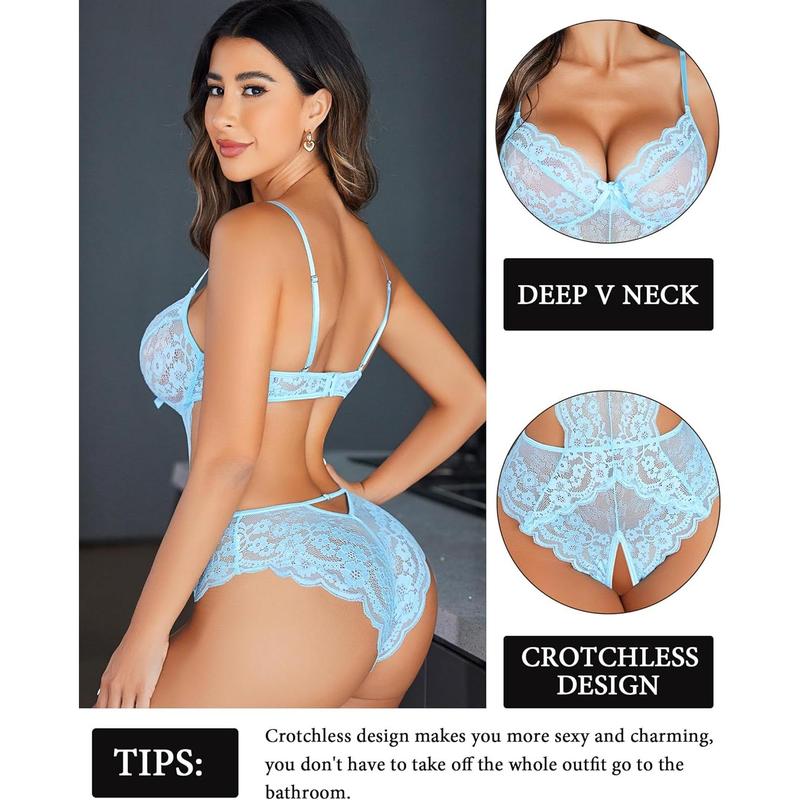 Women's Lingerie Lace Bodysuit Underwear V Neck Hollow Bodysuit Mini Doll