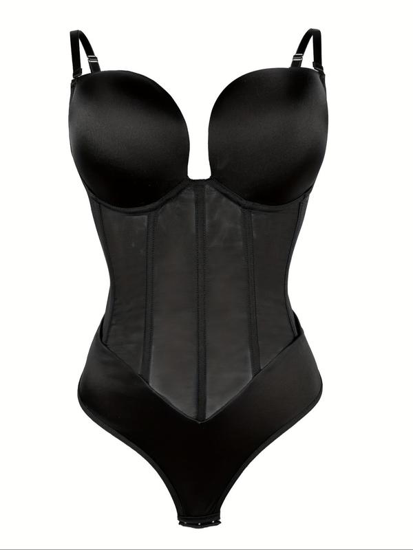 Body Shapewear Bra Bodysuits, Seamless Thong Design Women's Deep V Neck Adjustable Strap Underwear for Flat Stomach