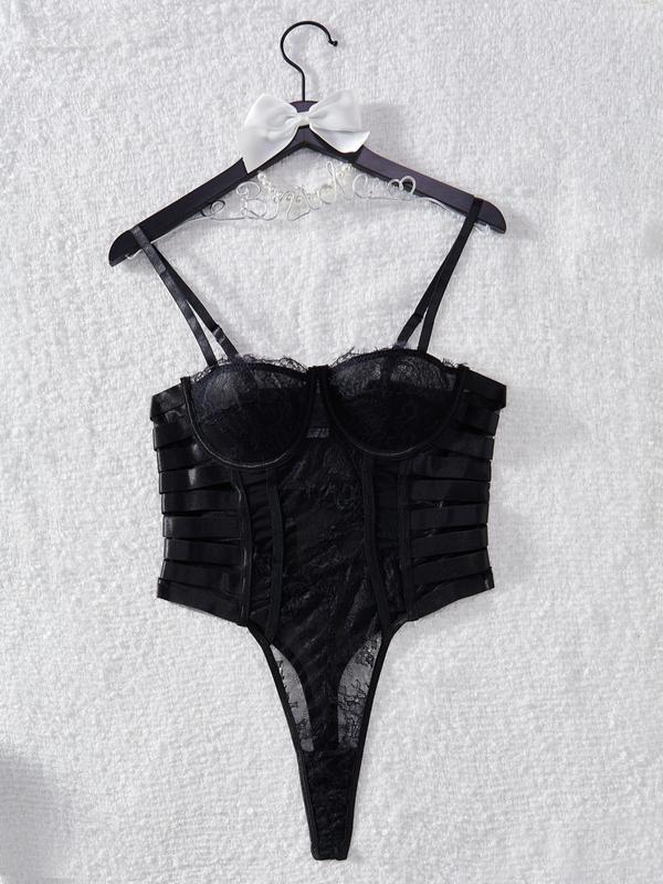 Women's Lace Bow Decor Sexy Lingerie Bodysuit, Solid Color Sexy Lingerie Cami Bodysuit, Soft Comfy Breathable Lingerie for Women