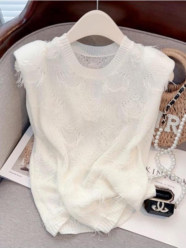 Women's Plain Fringe Trim Sweater Vest, Casual Sleeveless Round Neck Jumper Vest for Fall & Winter, Fashion Ladies' Knitwear for Daily Wear