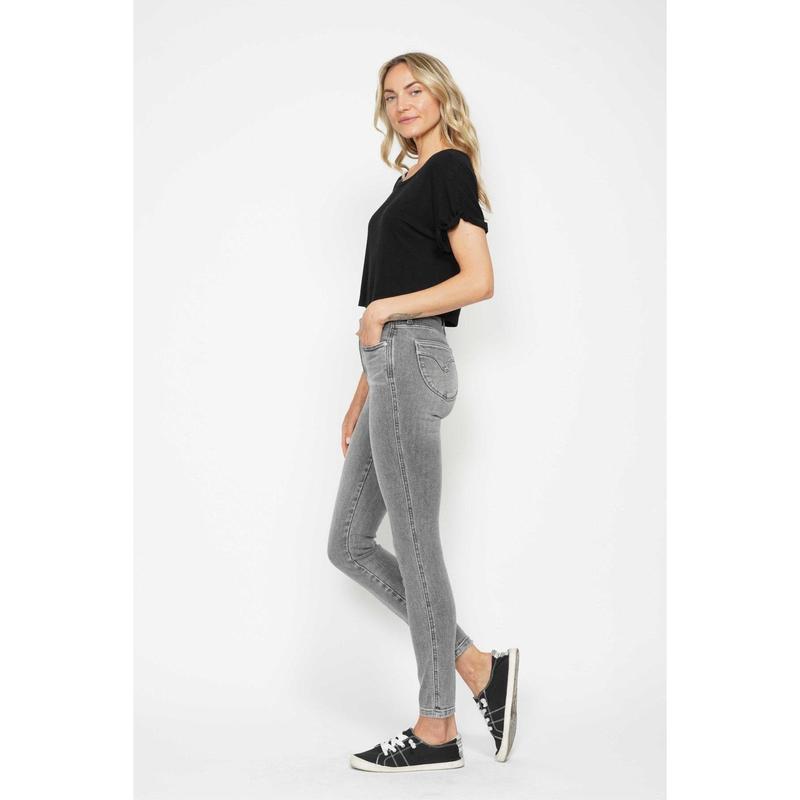 JUDY BLUE MID RISE TUMMY CONTROL SHIELD POCKETS GREY SKINNY JEANS