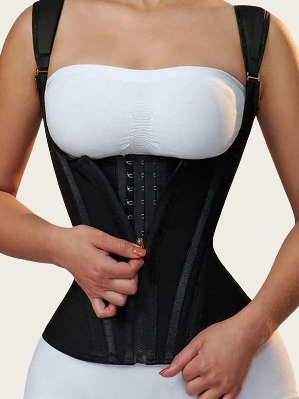 Women's Solid Color Sexy Zipper Front Corset Shapewear Top, Adjustable Hook & Eye Closure Waist Trainer, Tummy Control Shaper for Daily Wear Matt Waist Trainers