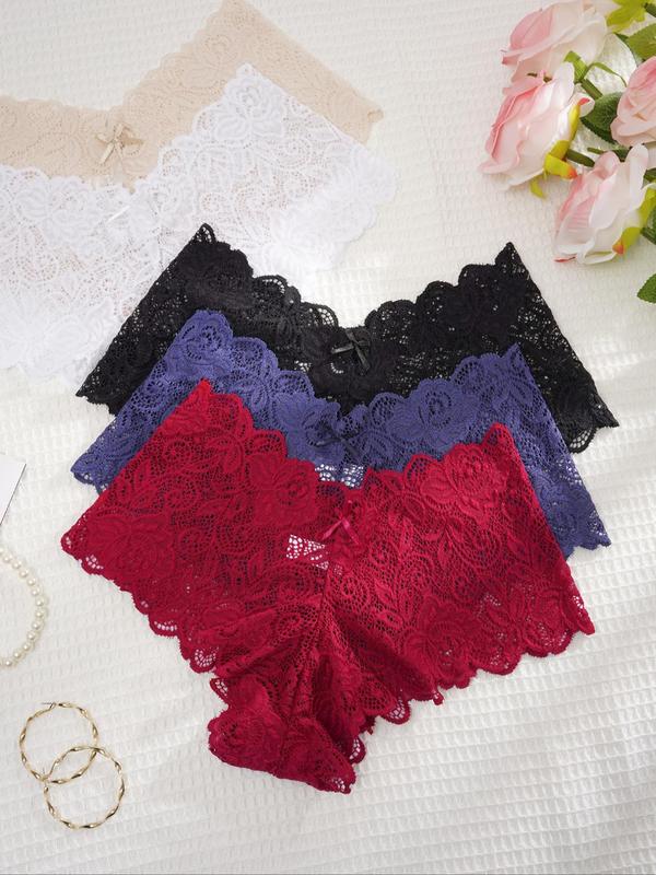 Women's Bow Decor Scallop Trim Lace Knicker, Soft Comfy Breathable Panty for Daily Wear, Underwear for All Seasons, Fall Wear, Fallfreshness