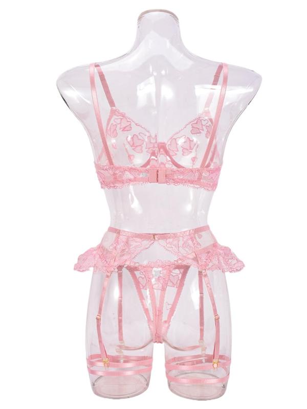 Women's Heart Embroidery Lace Bra & Garter Belt & Thong Set, Sexy Comfy Breathable Lingerie Set for Daily Wear, Women's Lingerie & Underwear for All Seasons