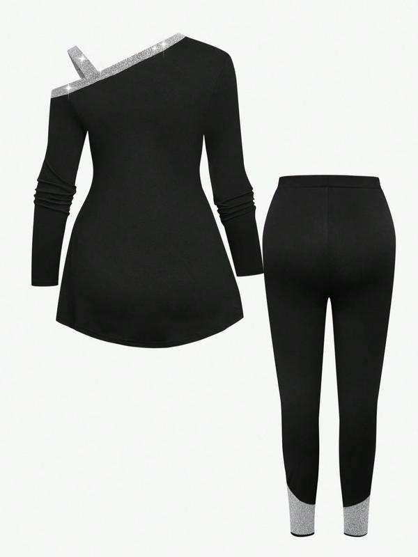  Two-Piece Set Colorblock Asymmetrical Neck Top & Skinny Pants, Casual Long Sleeve Top & Leggings for Spring & Fall, Women's Clothes for Daily Wear