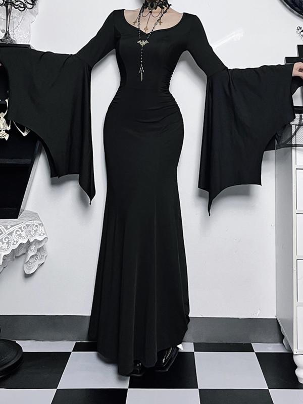 Women's Plain Ruched Mermaid Dress, Elegant Formal Wear, Sweetheart Neck Long Sleeve Evening Party Gown, Goth Clothes, Ladies Fall & Winter Clothes