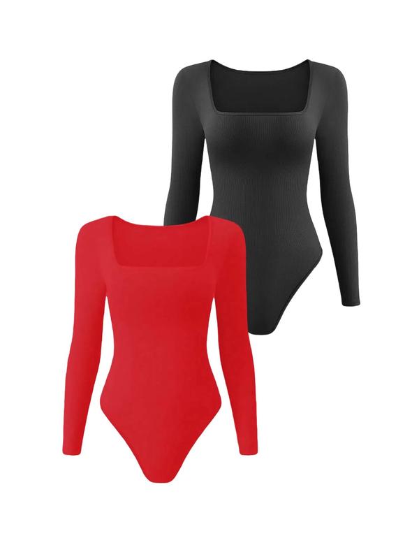 Women's Solid Square Neck Long Sleeve Shapewear Bodysuit, Casual Comfy Tummy Control Butt Lifting Shaper, Ladies Shapewear for All Seasons