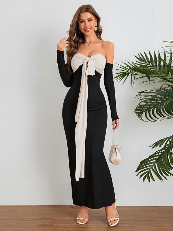 Women's Colorblock Ruched Off Shoulder Split Hem Bodycon Dress, Elegant Knot Front Long Sleeve Maxi Dress for Party Dating Wear, Women's Clothing for Spring & Fall