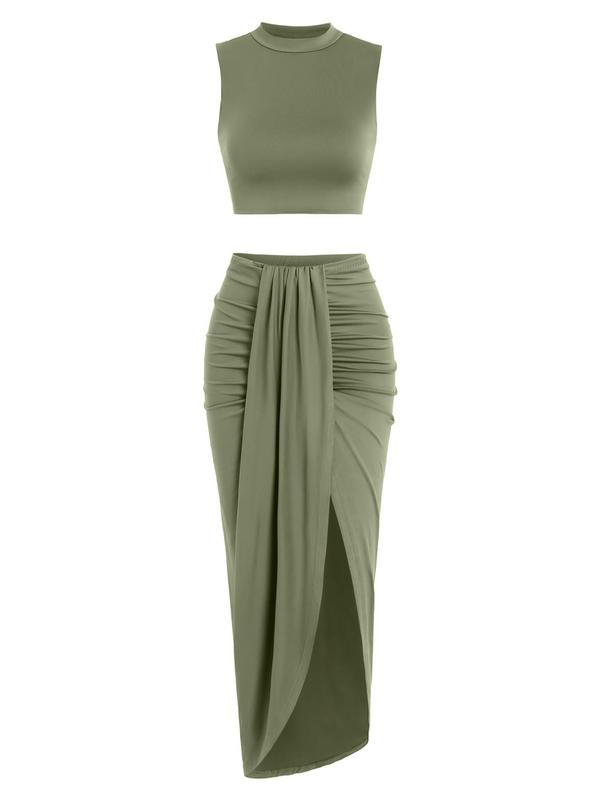 Fall Women's Solid Crop Tank Top & Ruched Asymmetrical Hem Split Skirt Two-piece Set, 2 Piece Sets Women Casual Mock Neck Sleeveless Top & High Waist Wrap Skirt, Birthday Outfits, Summer Outfits 2024