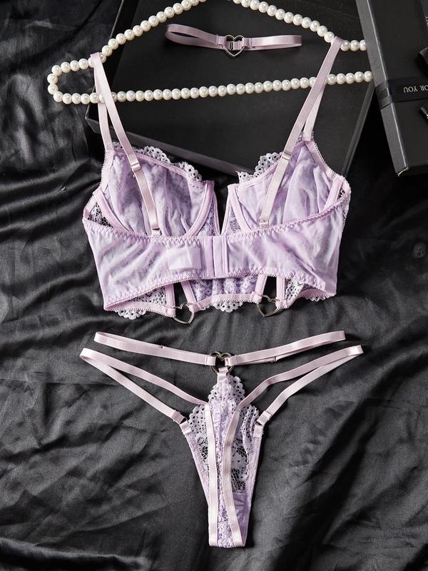 Women's Floral Lace Sheer Bra & Thong Sexy Lingerie Set, Romantic & Elegance Heart Ring Linked Lingerie Set, Women's Lingerie & Underwear