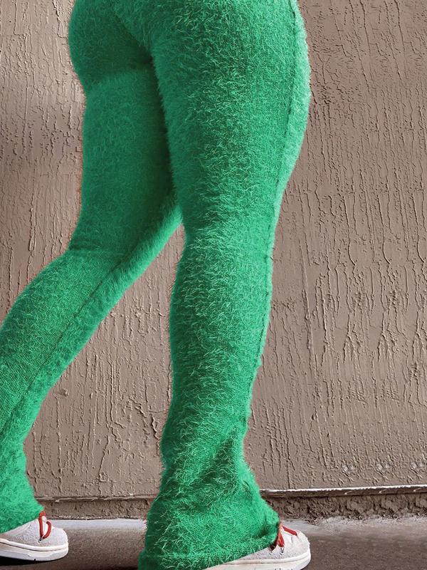 Women's Plain Fuzzy Flare Leg Pants, Fashionable High Waist Fitted Bell Bottom Trousers, Maxi Flared Pants, Women's Highwaist Bottoms, Comfy Pants