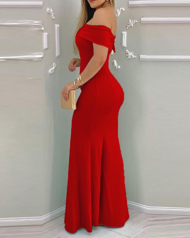 ChicMe Women's Off Shoulder Ruffle Hem Slim Fit Maxi Evening Dress Sexy Dress Elegant Formal