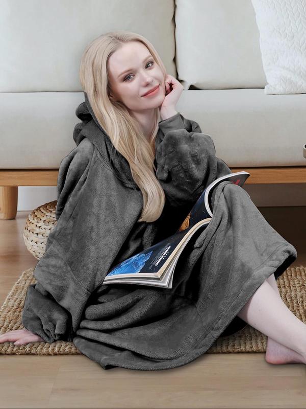 Women's Solid Drop Shoulder Pocket Flannel Hooded Blanket, Casual Long Sleeve Thermal Lounge Robe Loungewear, Women's Sleepwear for Fall & Winter
