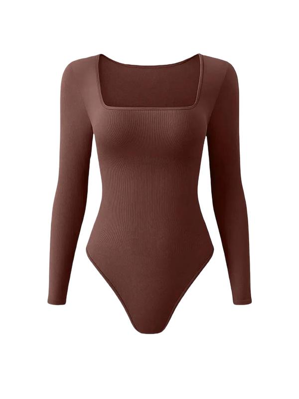 Women's Solid Square Neck Long Sleeve Shapewear Bodysuit, Casual Comfy Tummy Control Butt Lifting Shaper, Ladies Shapewear for All Seasons
