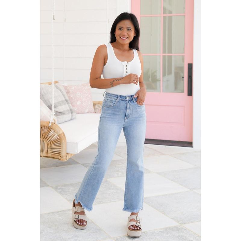 Risen High Rise Light Wash Cropped Flare Jeans With Frayed Hem