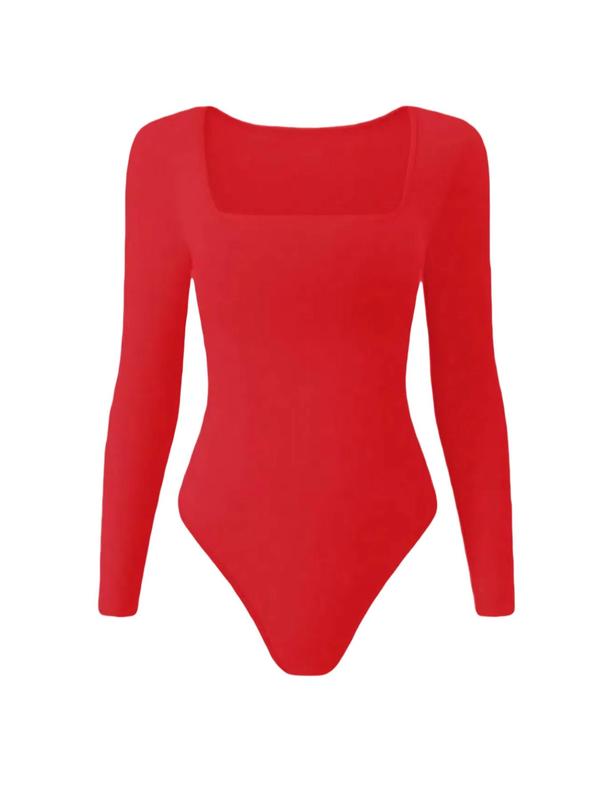 Women's Solid Square Neck Long Sleeve Shapewear Bodysuit, Casual Comfy Tummy Control Butt Lifting Shaper, Ladies Shapewear for All Seasons