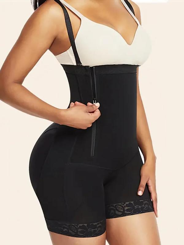 Women's Side Zipper Contrast Lace Ruched Shapewear Shorts, Adjustable Strap High Waist Tummy Control Shaper, Body Shapewear, Ladies Shapewear Bottoms for All Seasons